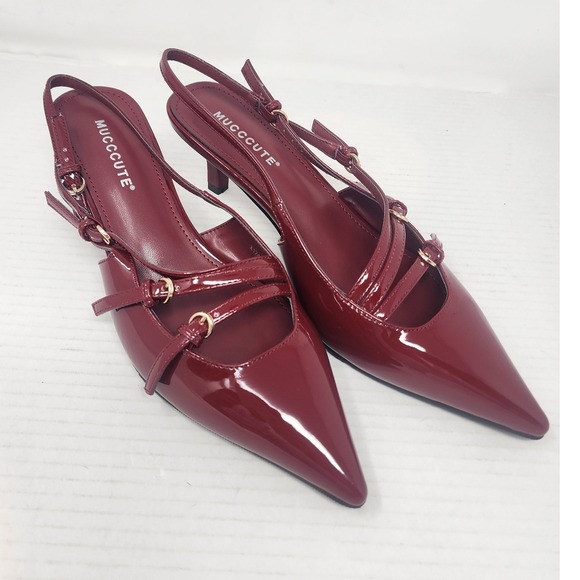 MUCCCUTE Red Patent Leather Slingback Kitten Heels Pointed Buckle Shoes Size 8 - Picture 9 of 10